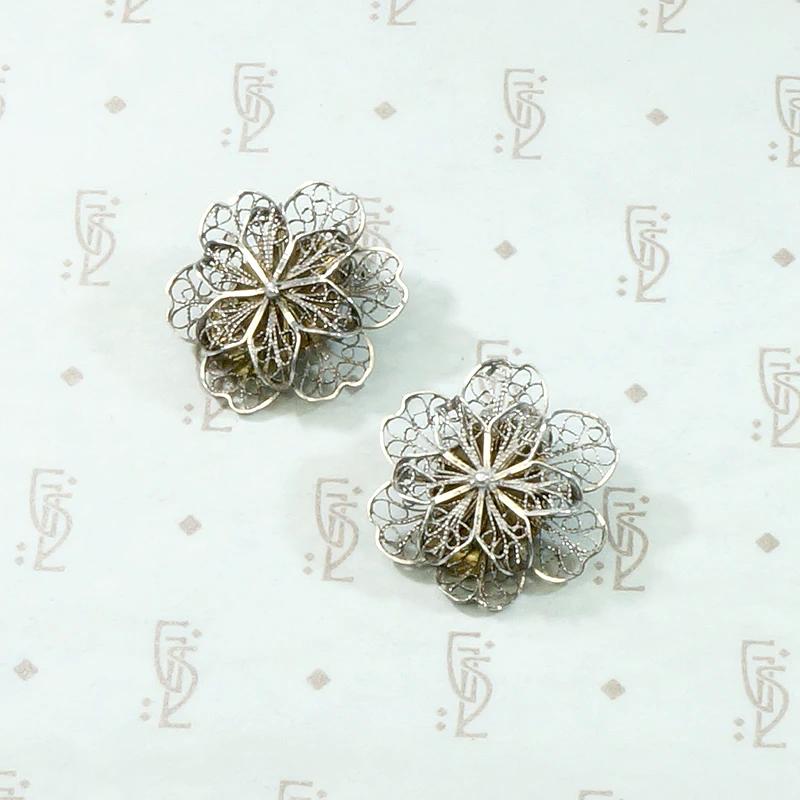 Beautiful Silver Filigree Blossoms Clip Earrings