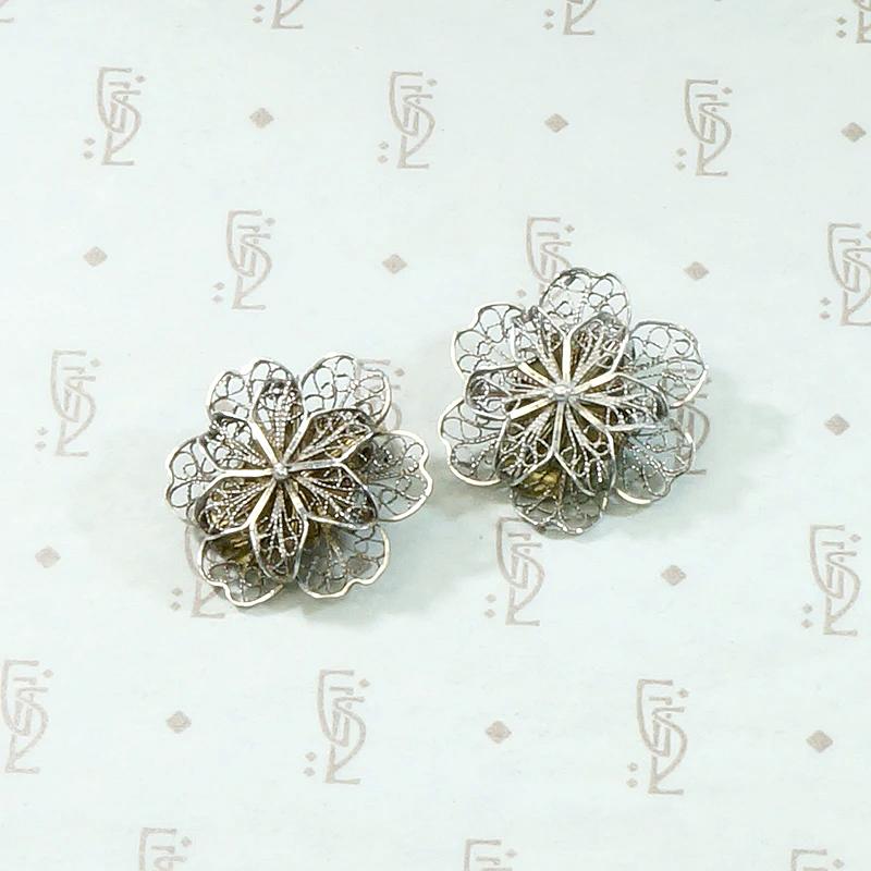 Beautiful Silver Filigree Blossoms Clip Earrings