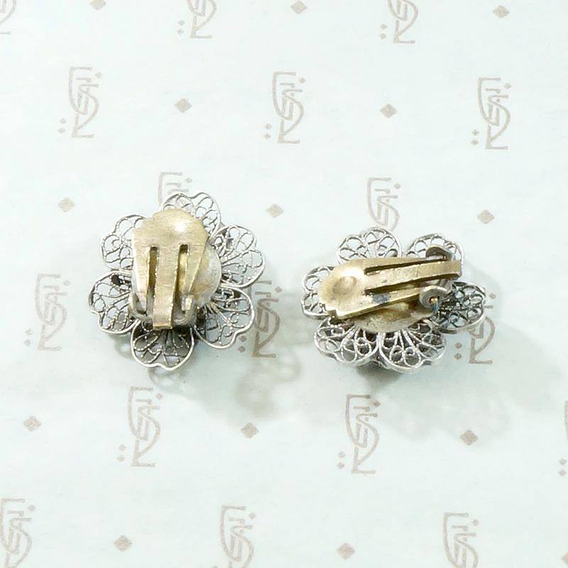 Beautiful Silver Filigree Blossoms Clip Earrings