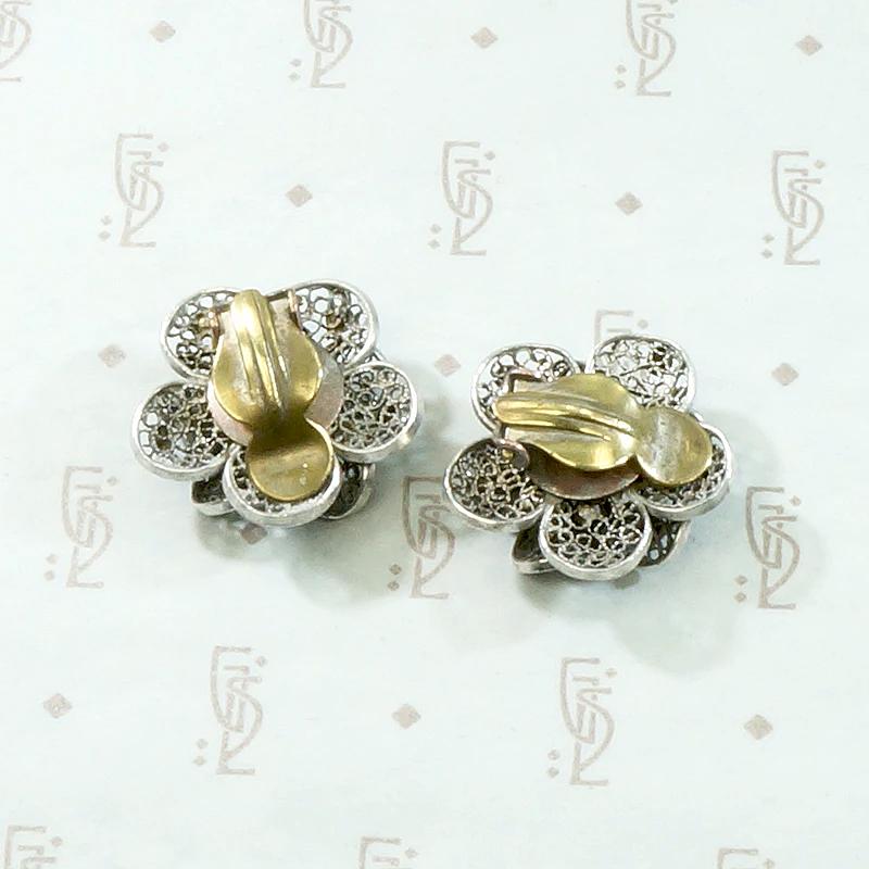 Cheerful Silver Filigree Flower Clip Earrings