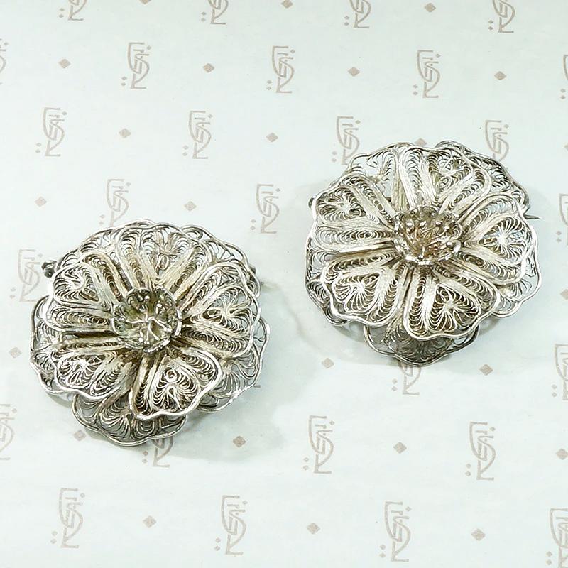 Pair of Matched Silver Filigree Flower Brooches