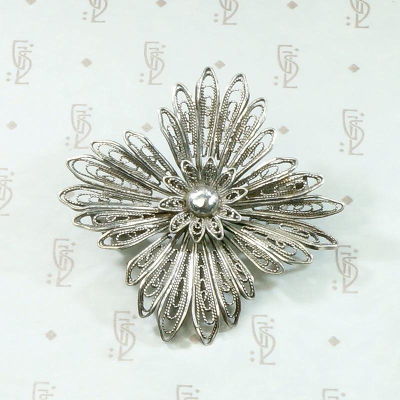 Pure Silver Filigree Flower Brooch