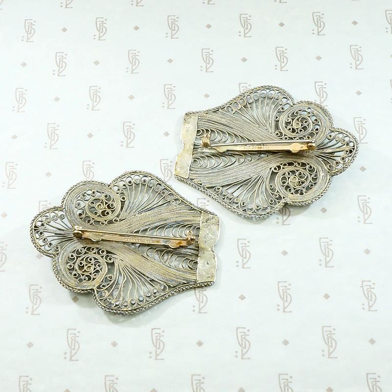 Matched Pair of Ornate Silver Filigree Brooches