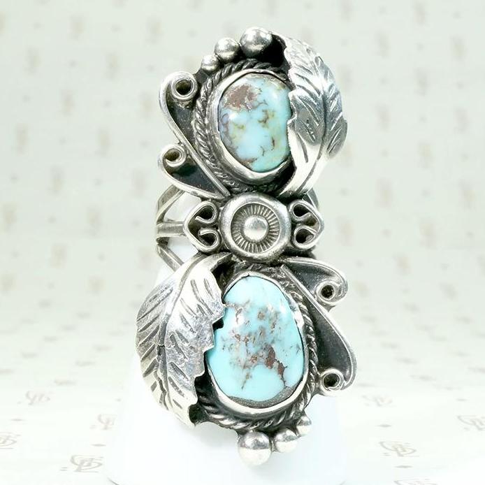 Icy Blue Turquoise & Silver Long Navajo Ring