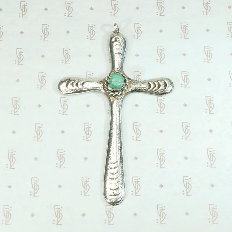 Heavy Sand Cast Silver Cross Pendant with Turquoise