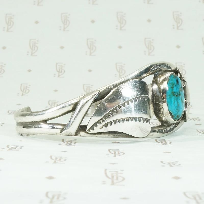 Kingman Turquoise Navajo Cuff with Stamped Silver Appliqué