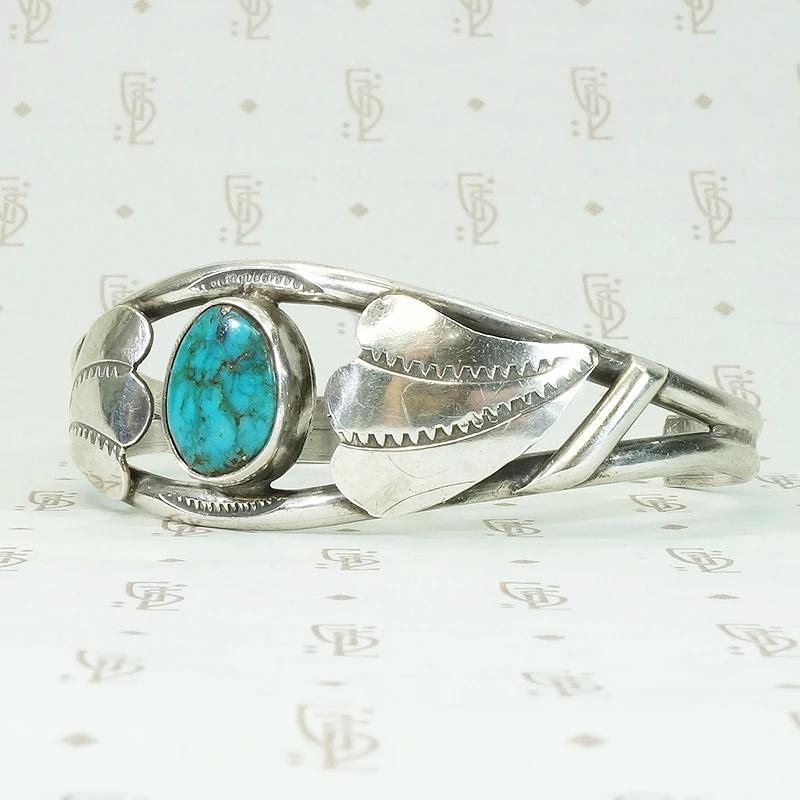 Kingman Turquoise Navajo Cuff with Stamped Silver Appliqué