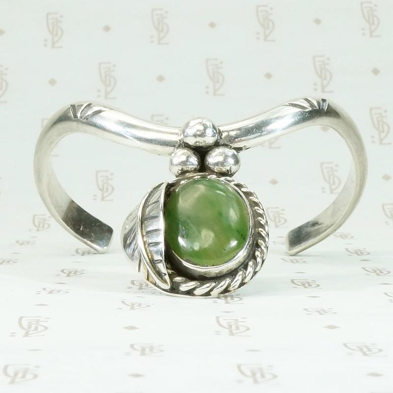Glossy Green Jade  & Sterling Silver Cuff Bracelet
