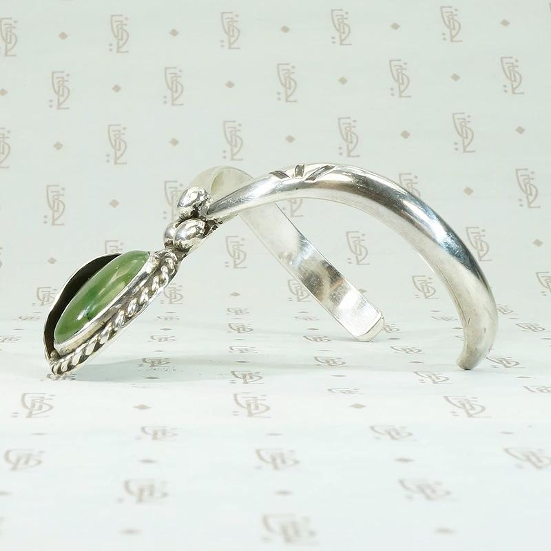 Glossy Green Jade  & Sterling Silver Cuff Bracelet