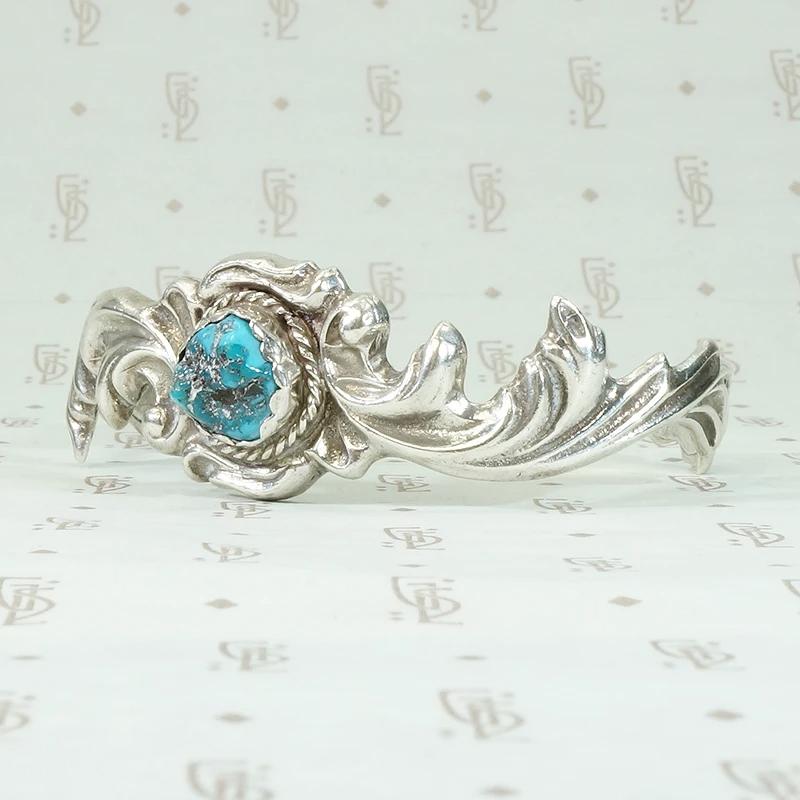Romantic Sand Cast Silver & Turquoise Navajo Cuff