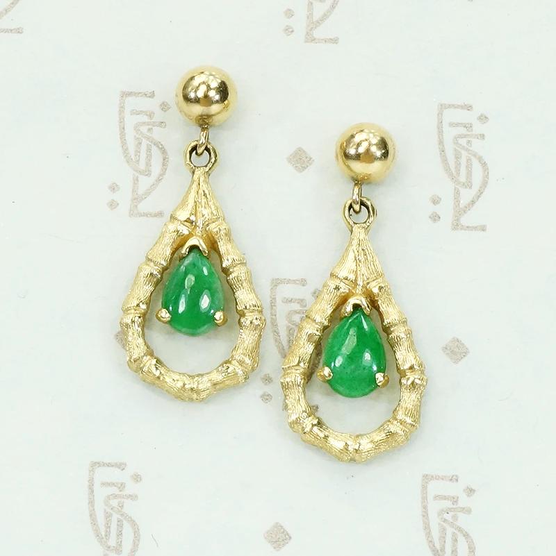 Gold Bamboo and Green Jade Earrings