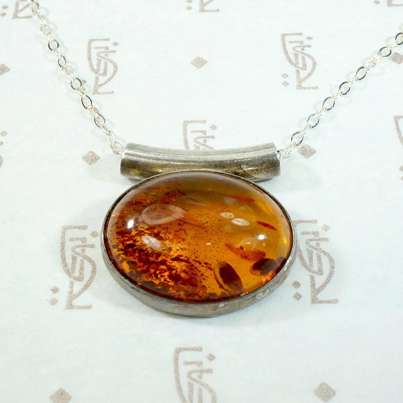 Sleek Modernist Amber & Sterling Pendant