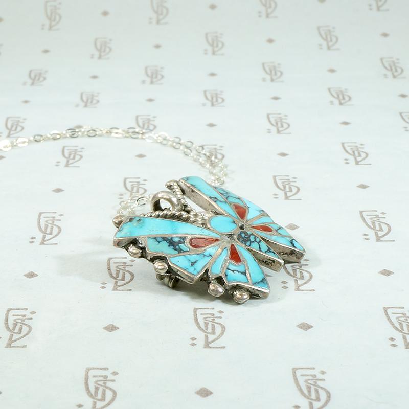 Vivacious Butterfly Brooch/Pendant with Turquoise Inlay