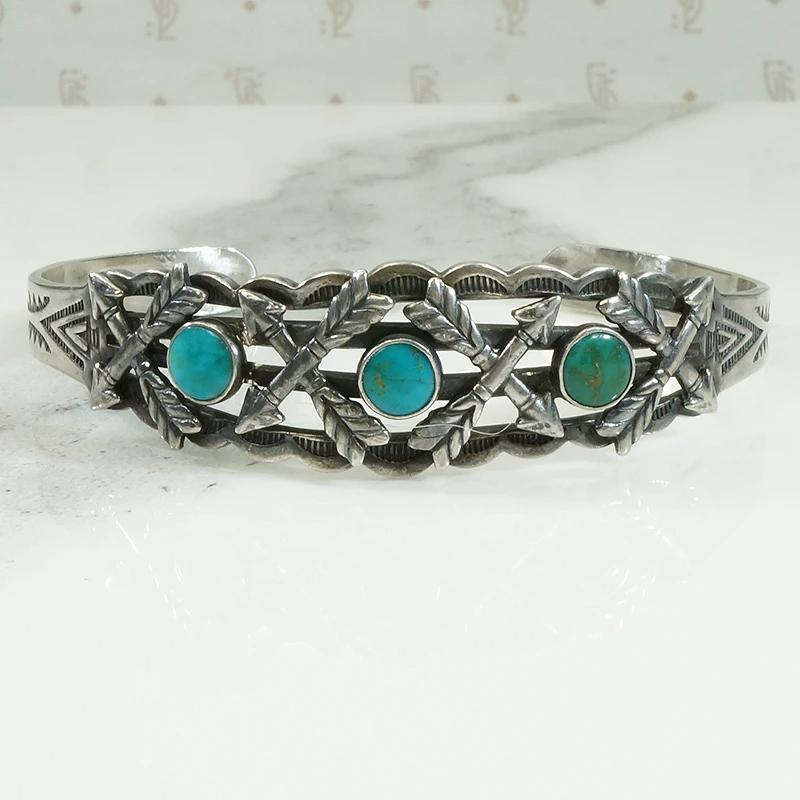 Bell Turquoise Silver Cuff with Arrows & Rockers