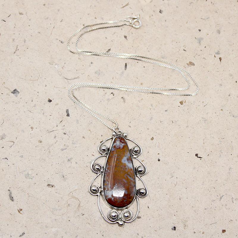 Coffee & Cream Agate in Scrolled Silver Pendant