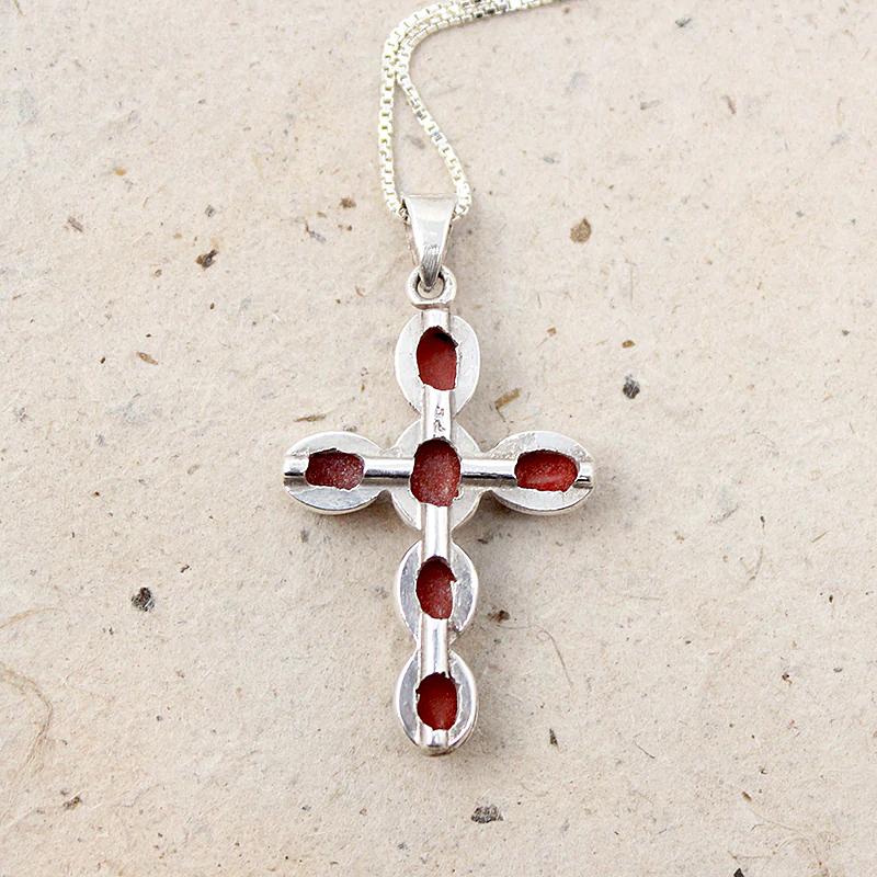 Deep Red Gem in Silver Cross Necklace