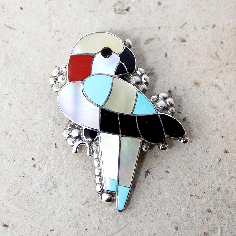 Vibrant Zuni Inlay Wild Parrot Brooch