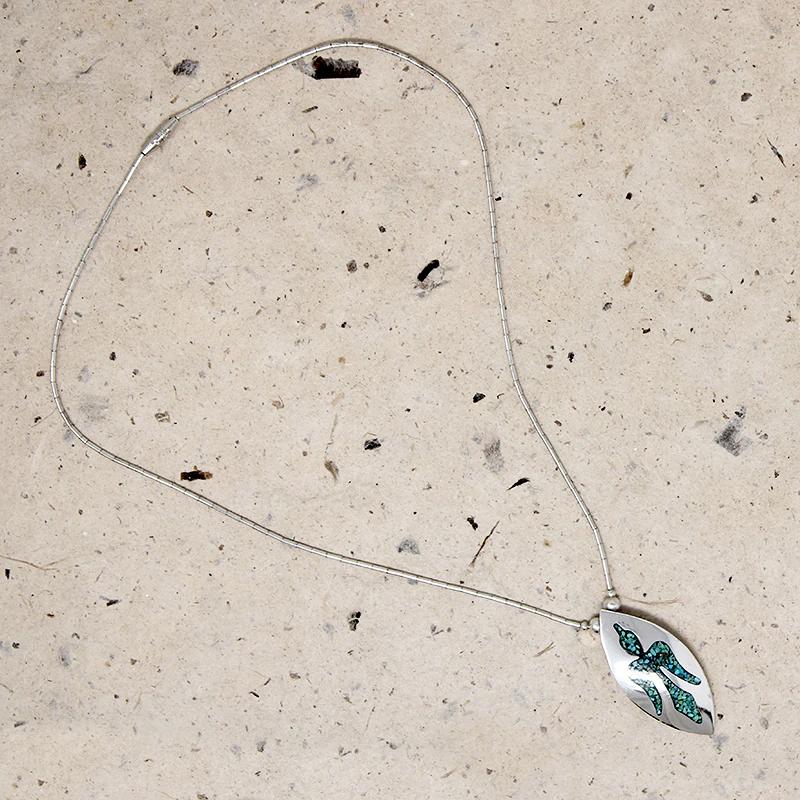 Silver Beaded Turquoise Inlay Peyote Bird Necklace