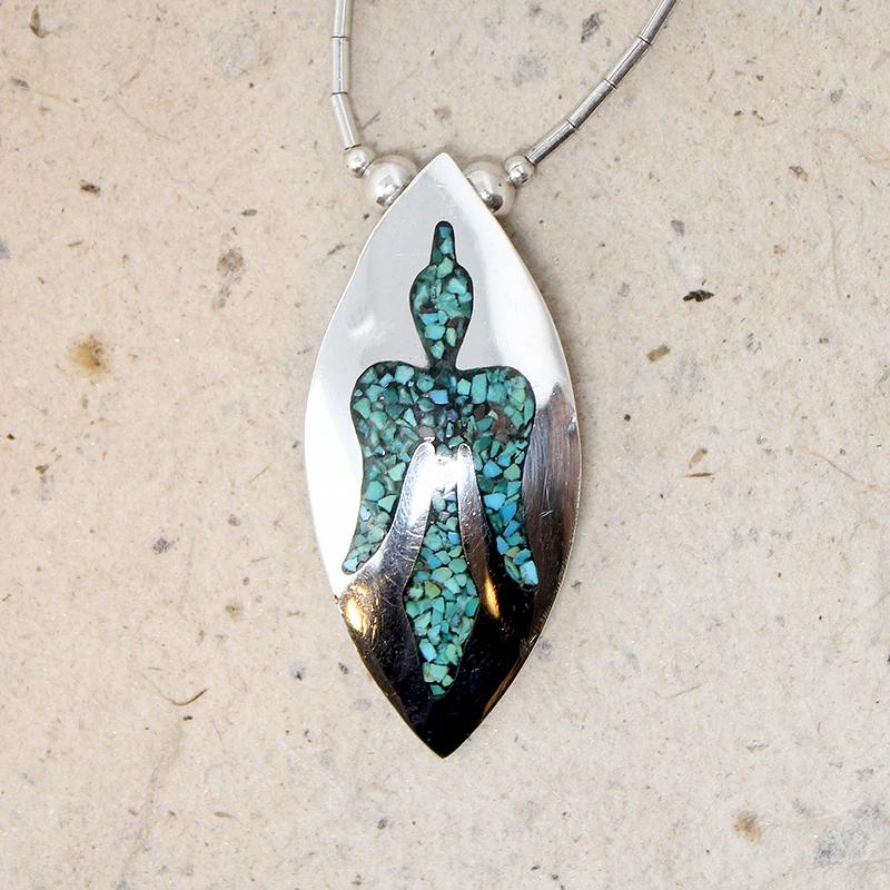 Silver Beaded Turquoise Inlay Peyote Bird Necklace