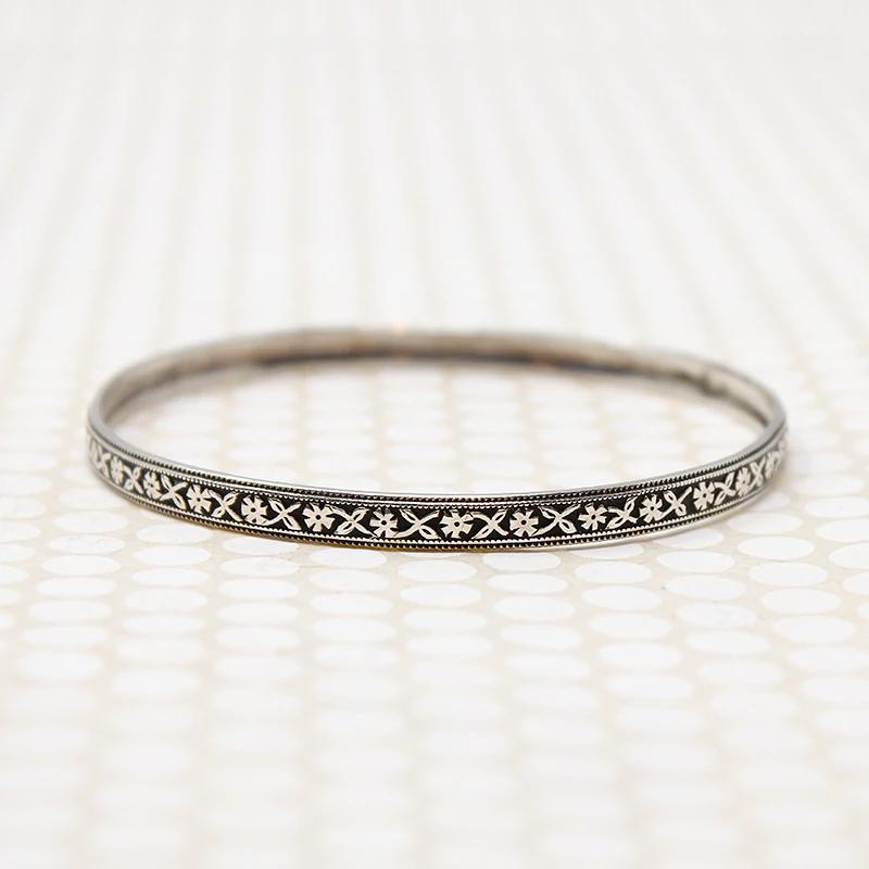 Sweet Engraved Silver Leaves & Flowers Bangle