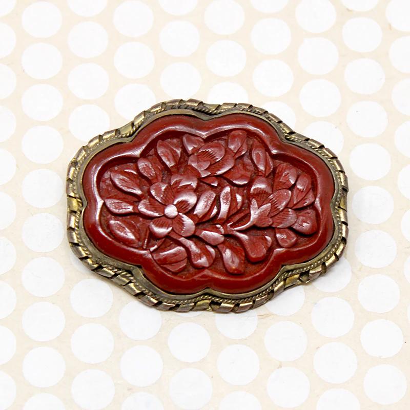 Chinese Cinnabar Flower Brooch in Brass