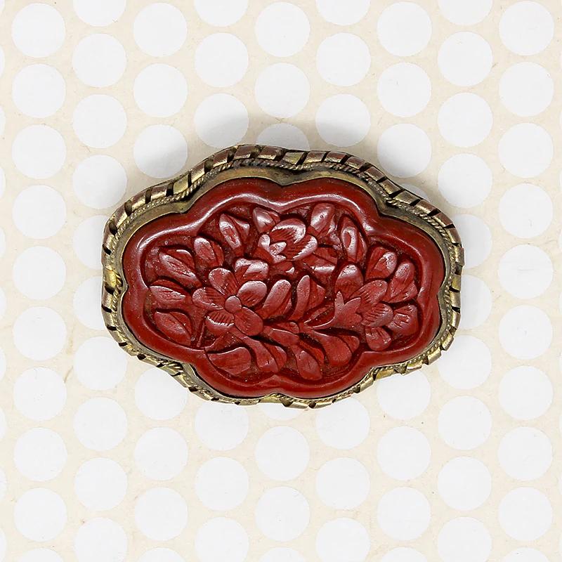 Chinese Cinnabar Flower Brooch in Brass