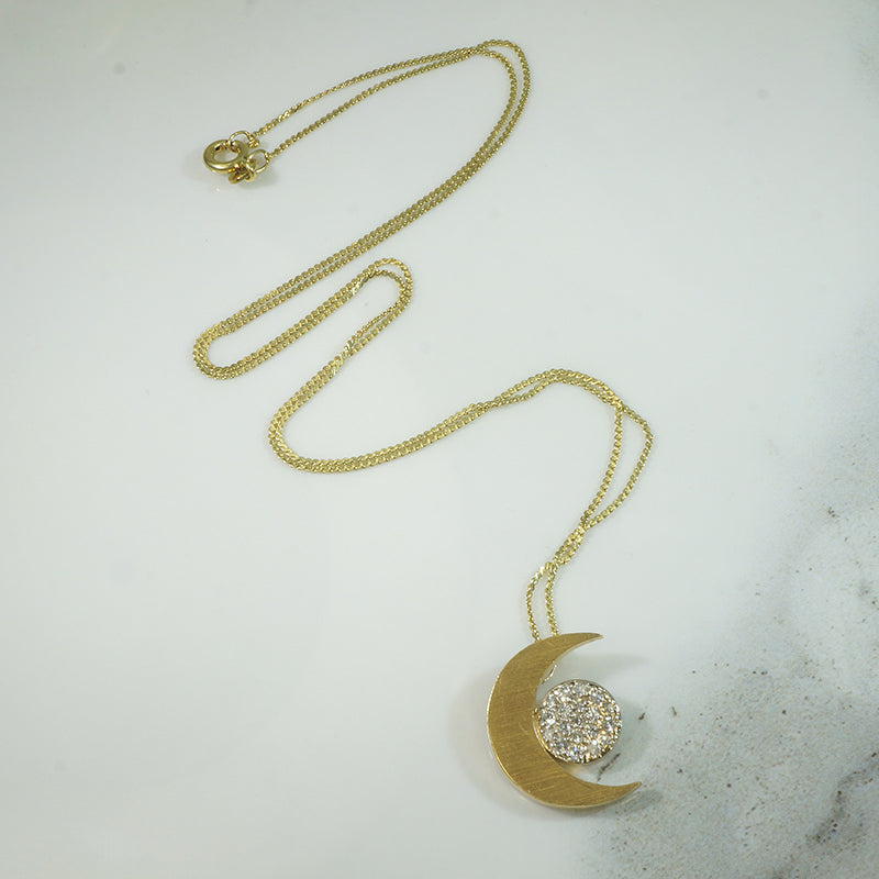 Gold Crescent Moon and Diamond Pendant