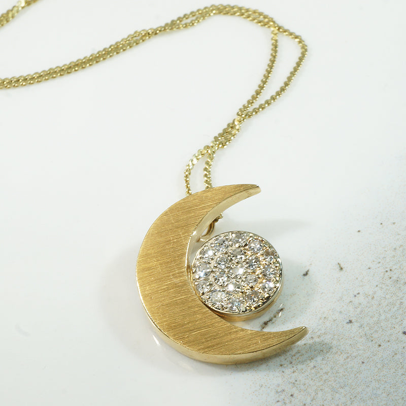 Gold Crescent Moon and Diamond Pendant