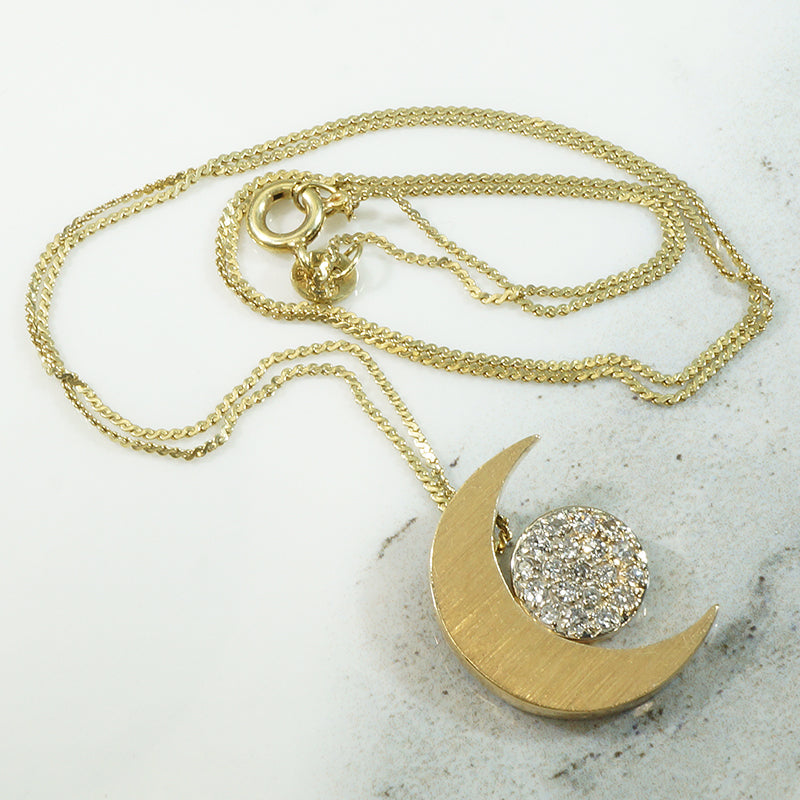 Gold Crescent Moon and Diamond Pendant