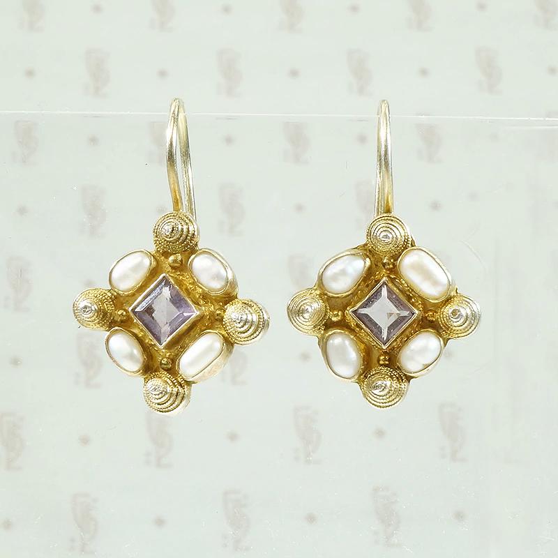 Romantic Silver Gilt Ear Bobs with Amethyst & Pearl