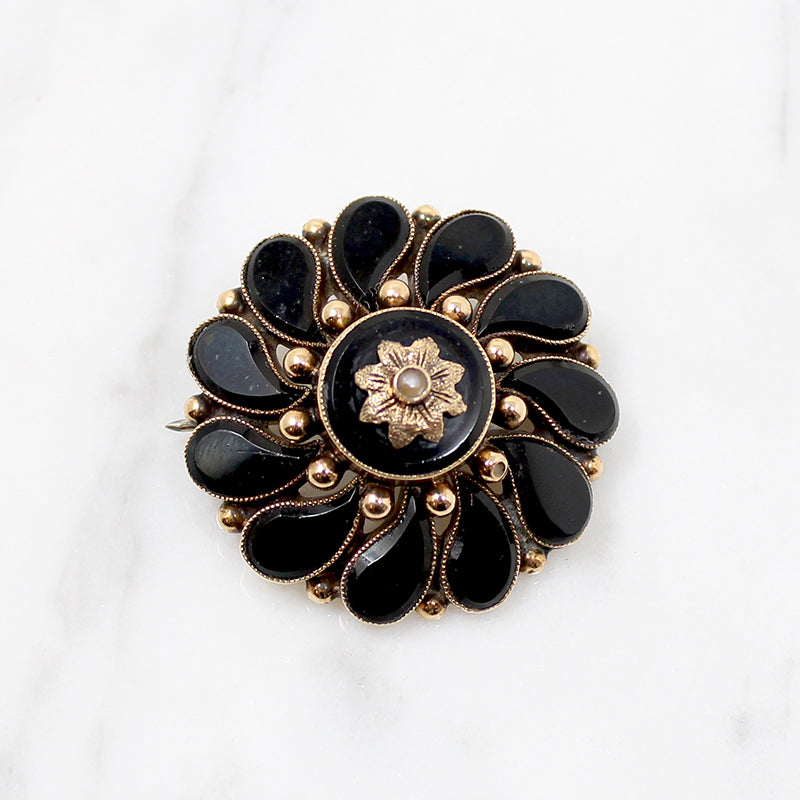 Beautifully Balanced Onyx & Gold Victorian Brooch