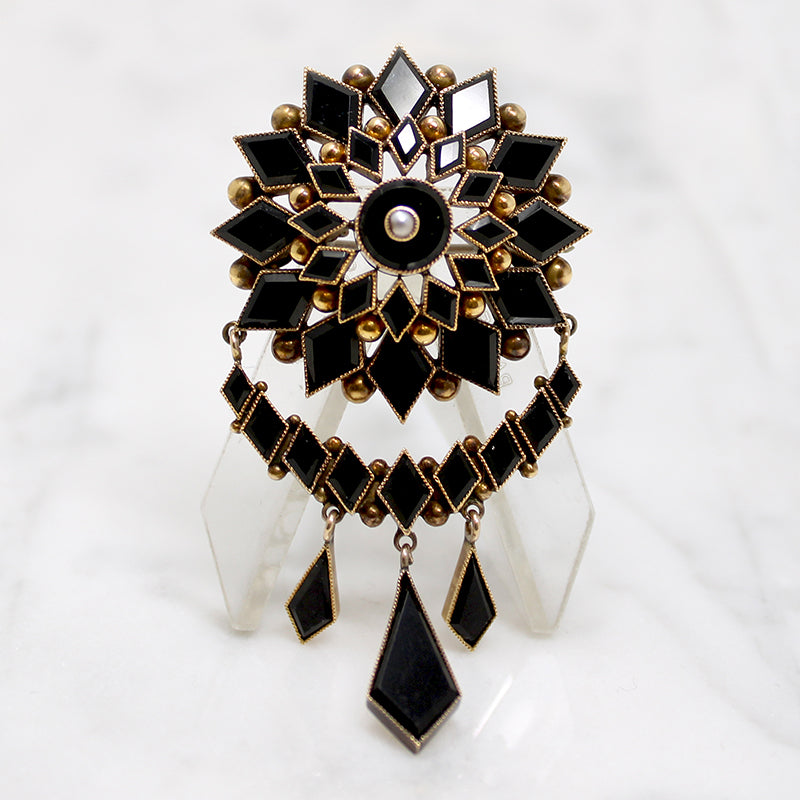 Magnificent Victorian Onyx & Gold Swag Brooch