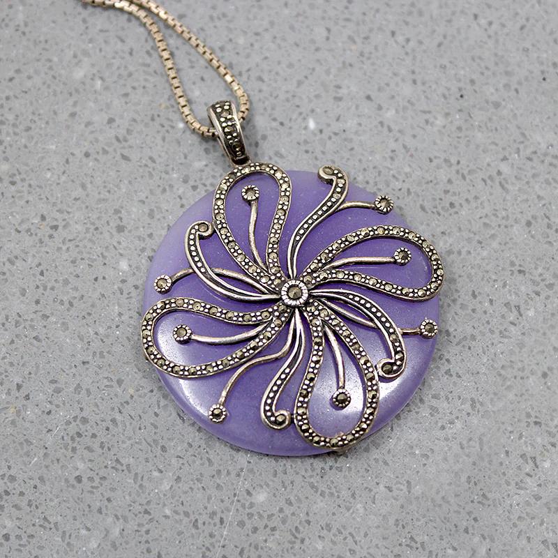 Agate Pendant with Sterling & Marcasite Flower
