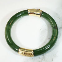 Jade Hinged Bangle with Engraved Gold Details