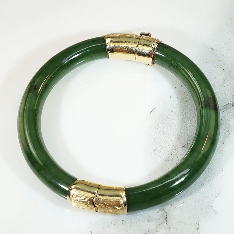 Jade Hinged Bangle with Engraved Gold Details