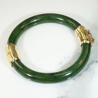 Jade Hinged Bangle with Engraved Gold Details