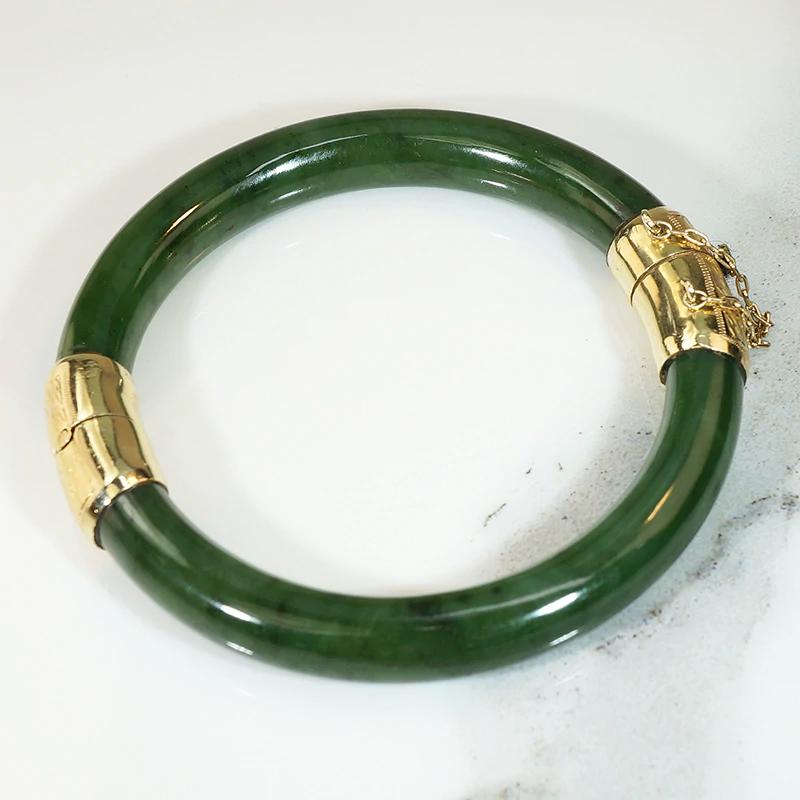 Jade Hinged Bangle with Engraved Gold Details
