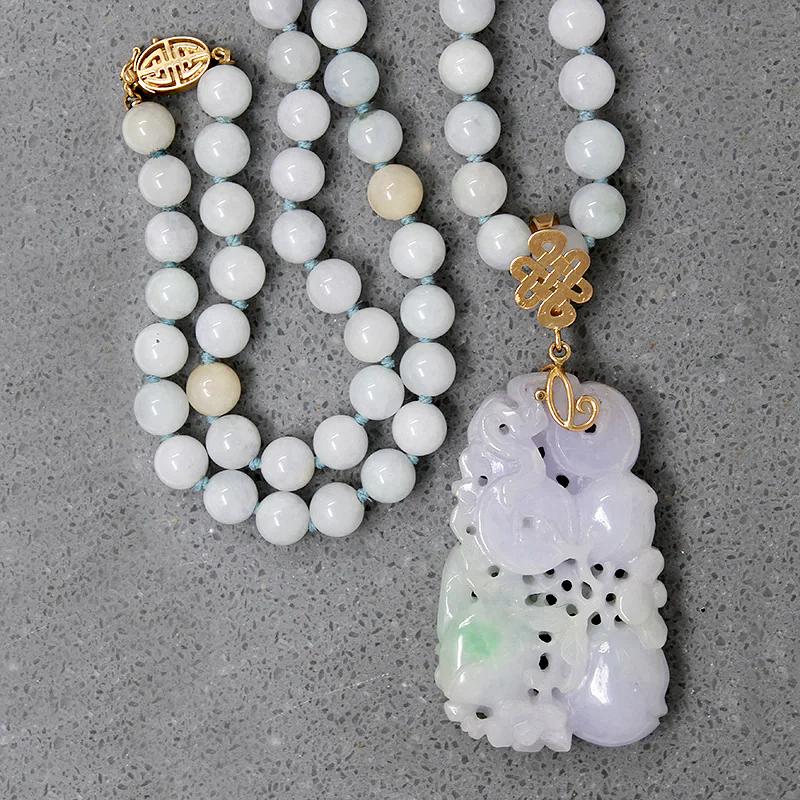 Superb Lavender Jade Necklace with Plums, Coins & Dragon
