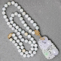Superb Lavender Jade Necklace with Plums, Coins & Dragon