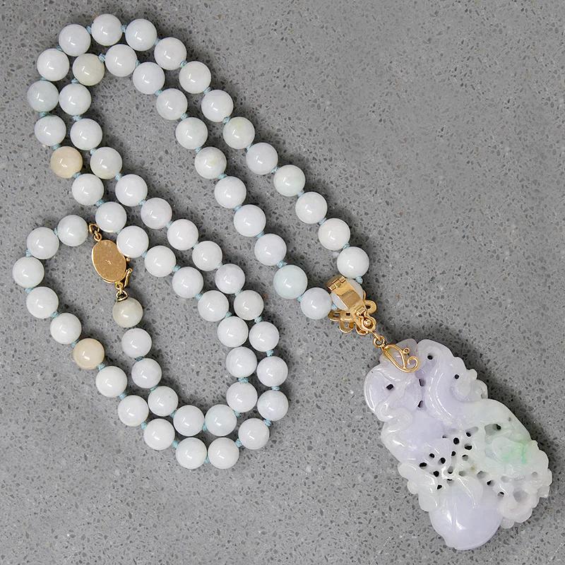 Superb Lavender Jade Necklace with Plums, Coins & Dragon