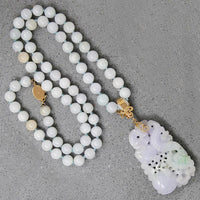 Superb Lavender Jade Necklace with Plums, Coins & Dragon