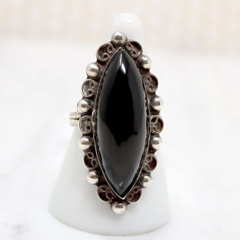 Dramatic Onyx Navette in Mexican Silver Ring