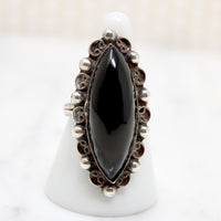 Dramatic Onyx Navette in Mexican Silver Ring