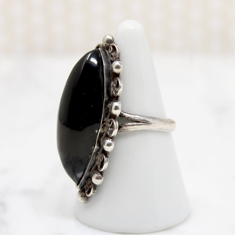 Dramatic Onyx Navette in Mexican Silver Ring