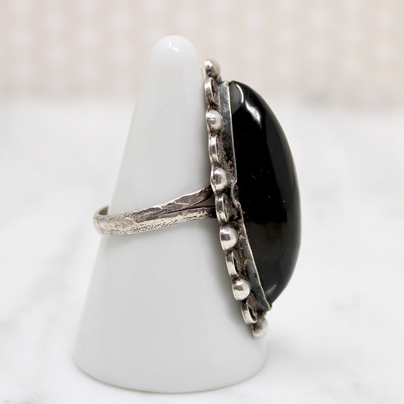 Dramatic Onyx Navette in Mexican Silver Ring