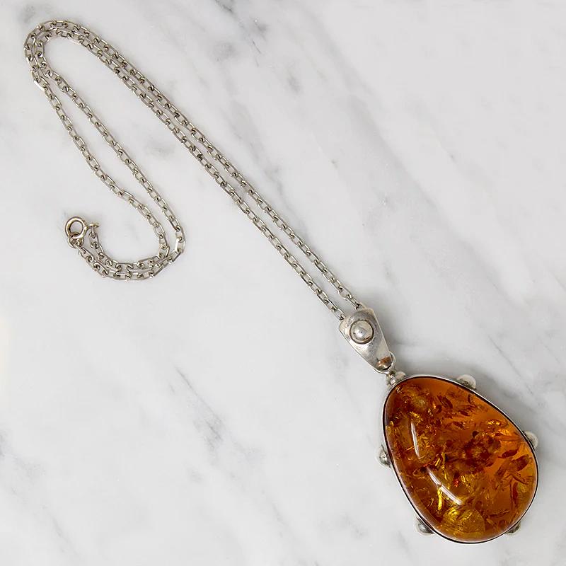 Baltic Amber in Brutal Bossed Silver Necklace