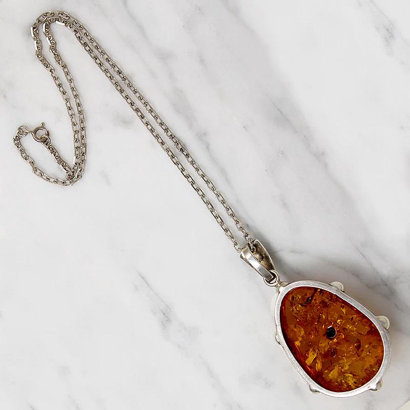 Baltic Amber in Brutal Bossed Silver Necklace