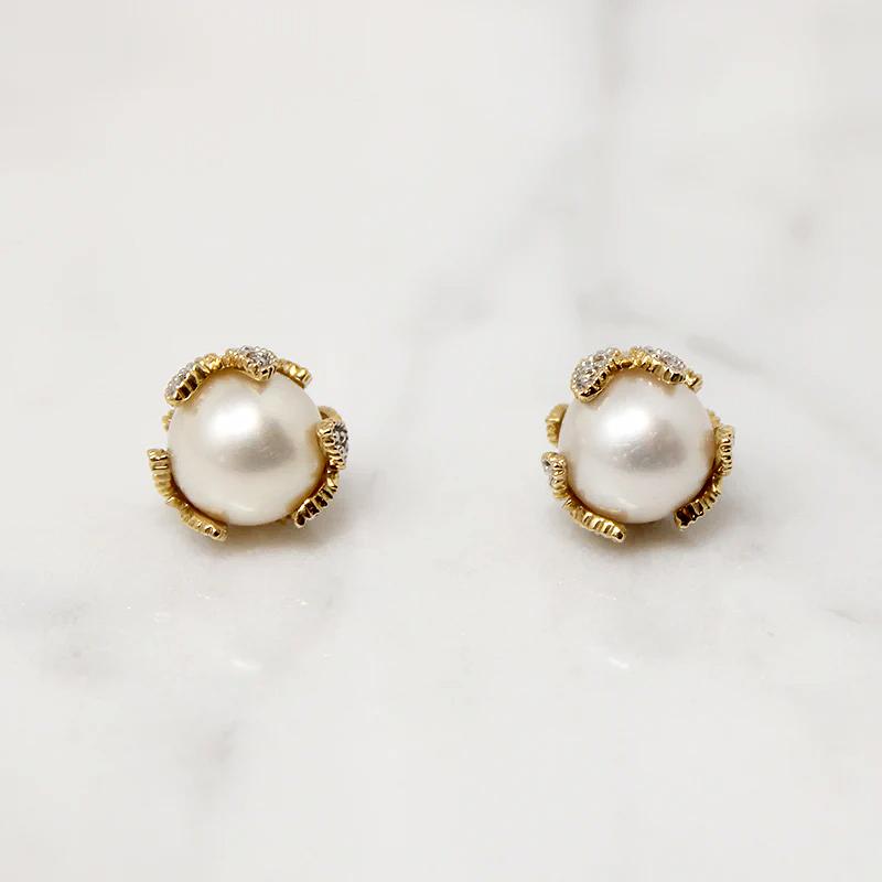 Cultured Pearl Studs in Diamond Spangled Caps