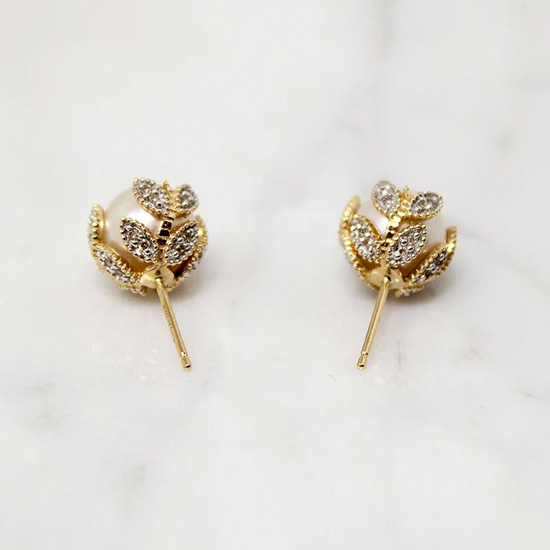 Cultured Pearl Studs in Diamond Spangled Caps