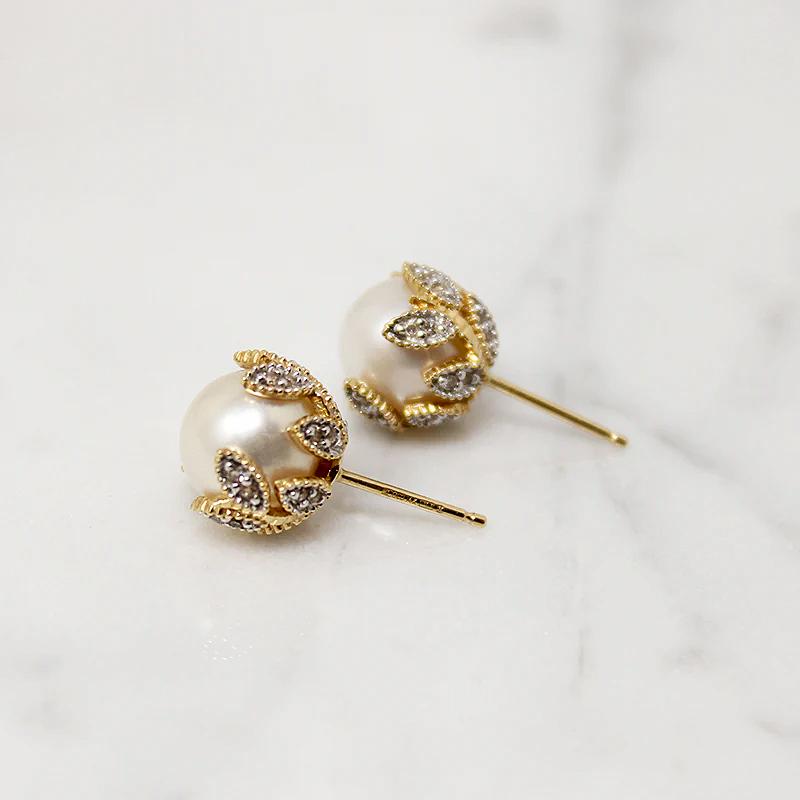 Cultured Pearl Studs in Diamond Spangled Caps